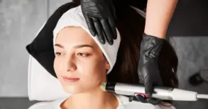 A specialist at Haus of Giving Face performing a microneedling treatment for skin rejuvenation